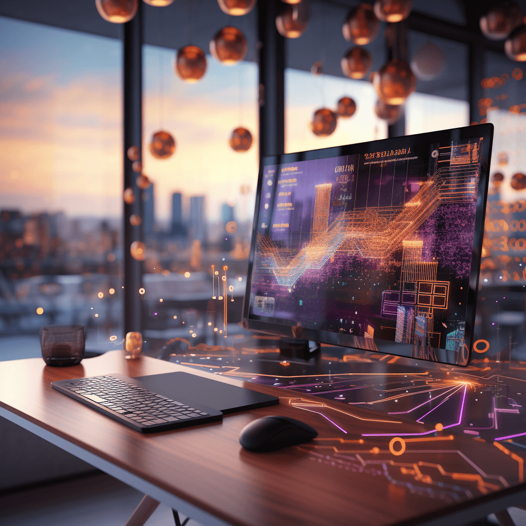 image generated by ai with prompt Envision an abstract scene of a modern workspace illuminated by the soft glow of a laptop screen. This screen represents the interface of a SAAS platform, where lines of data flow and converge, symbolizing AI