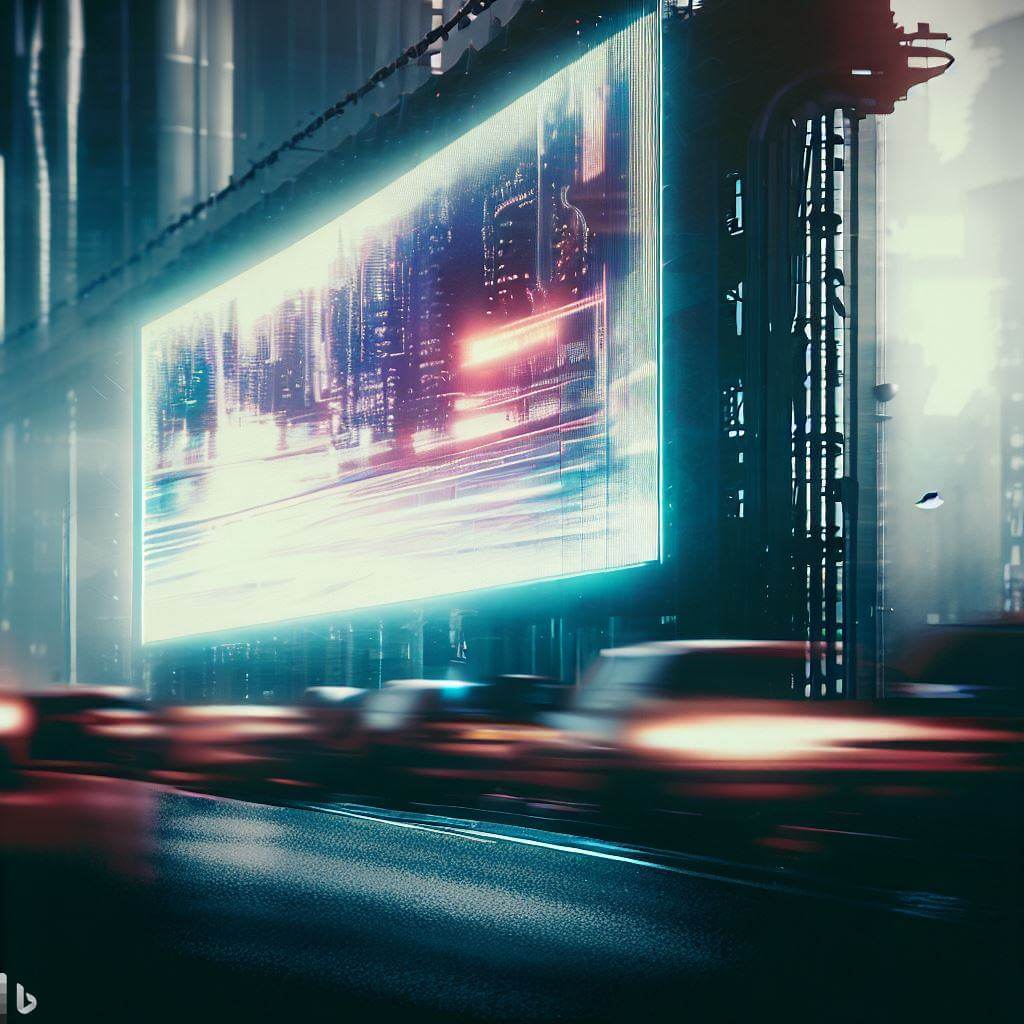 image generated by ai with prompt futuristic billboard on side of busy road, city, cinematic, digital art