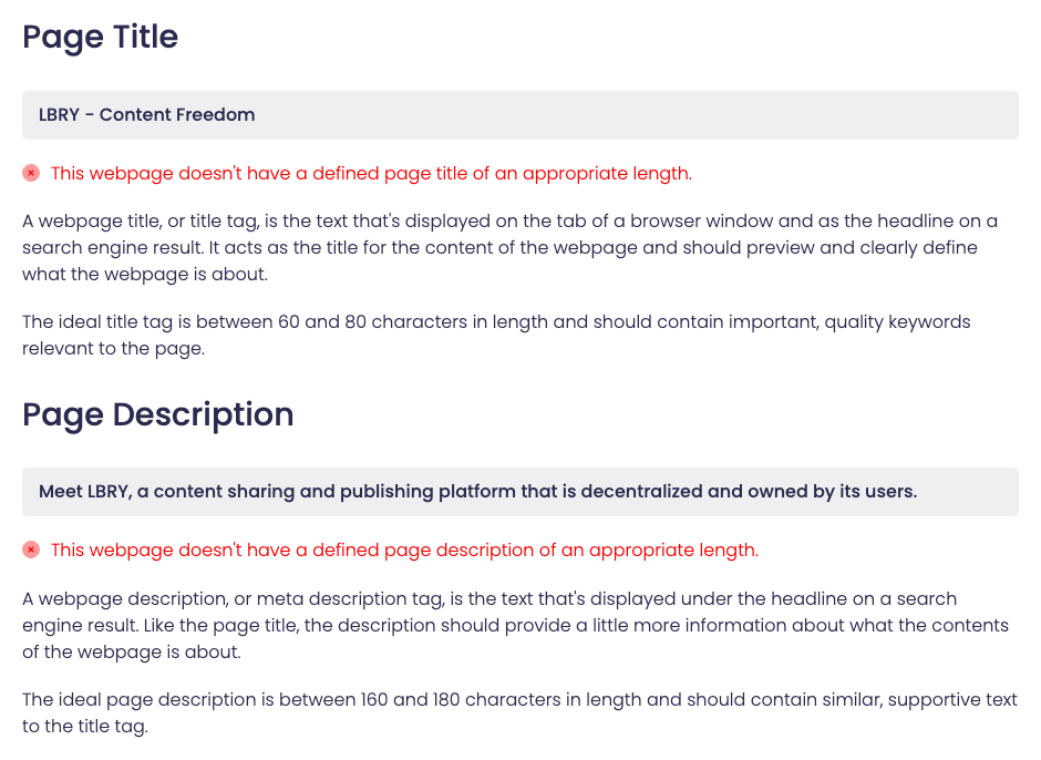 seo audit results for page title and meta description